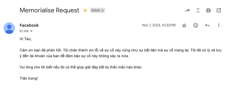 Email phản hồi từ facebook